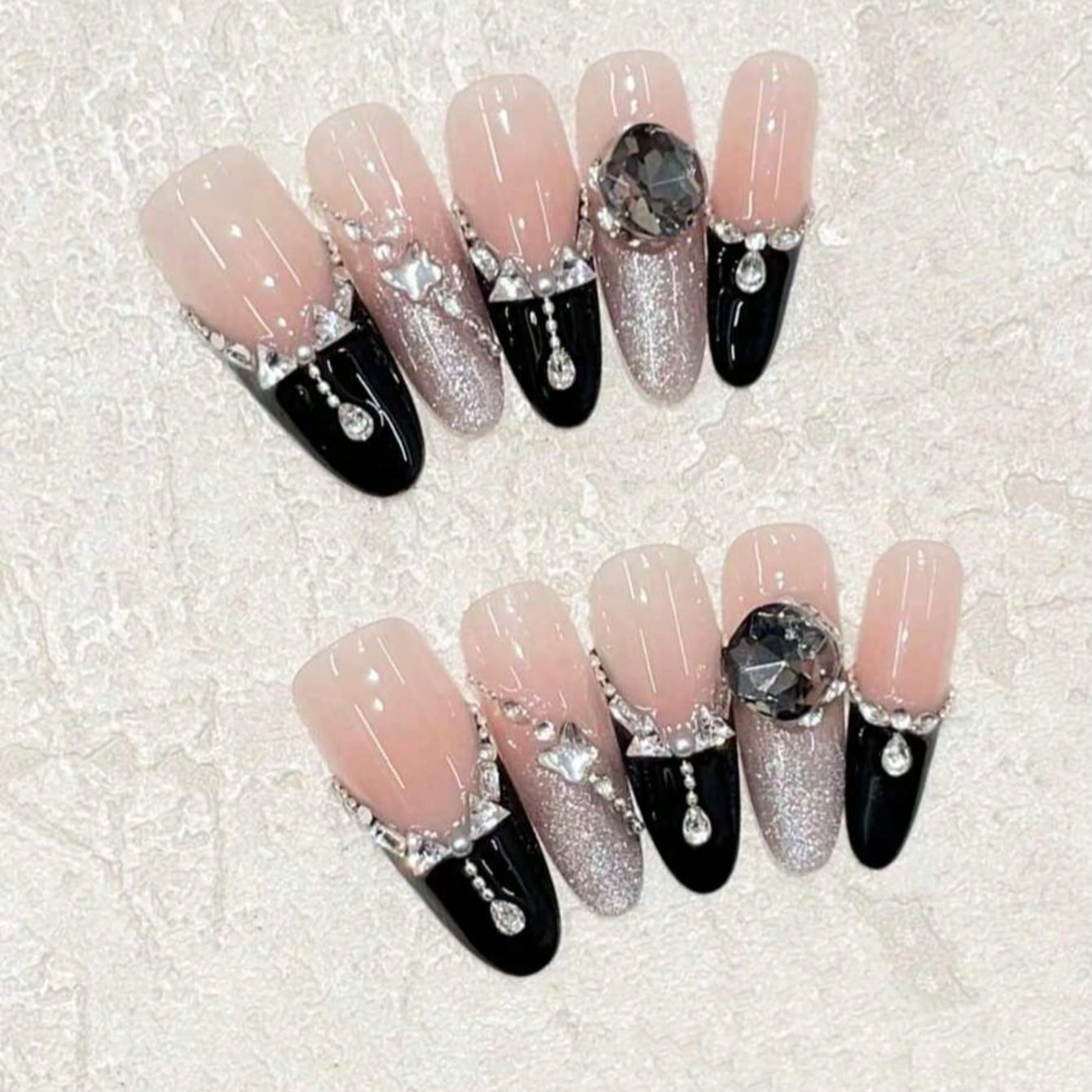 Nail Art Quirky - 10pcs Long Coffin Nude Black French