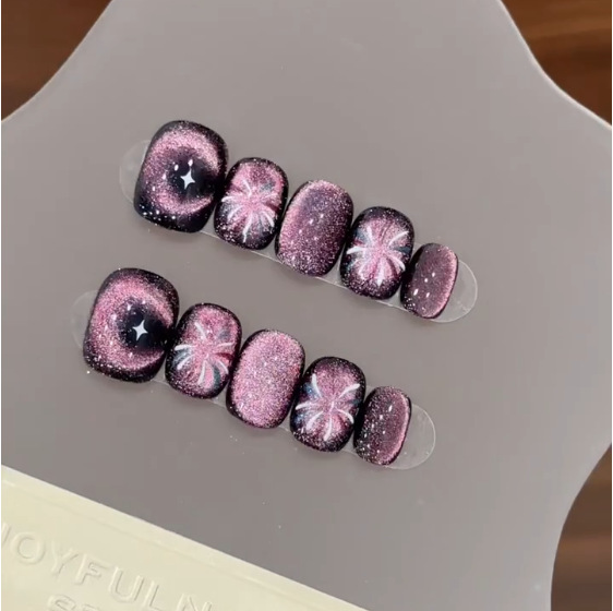Nail Art Cat Eye Simple - 10Pcs Purple Short Round Head Press