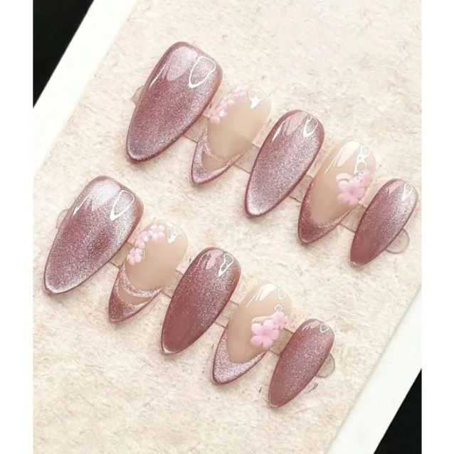 Nail Art Cat Eye Simple - 10 Pcs Handmade Medium Almond Wear