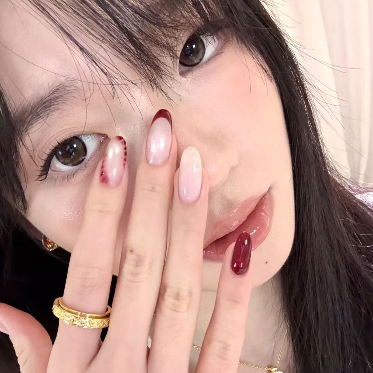 10pcs Handmade Oval Press On N - Nail Art Red Wine Cat Eye 评论和价格