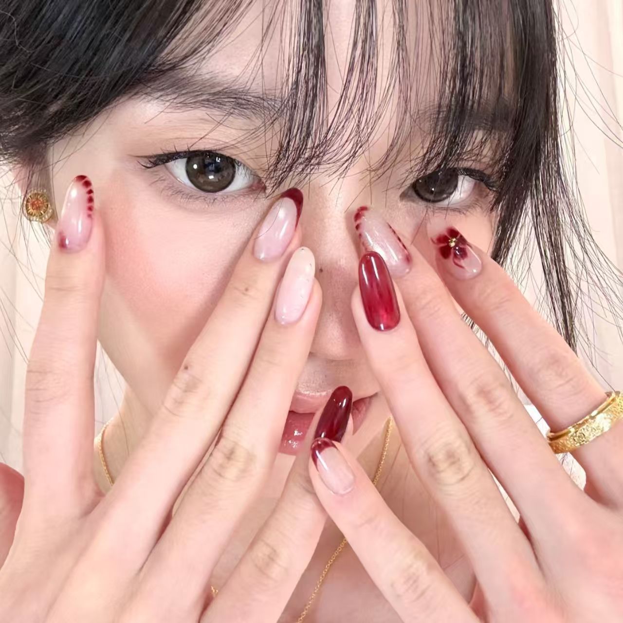 10pcs Handmade Oval Press On N - Nail Art Red Wine Cat Eye 评论和价格