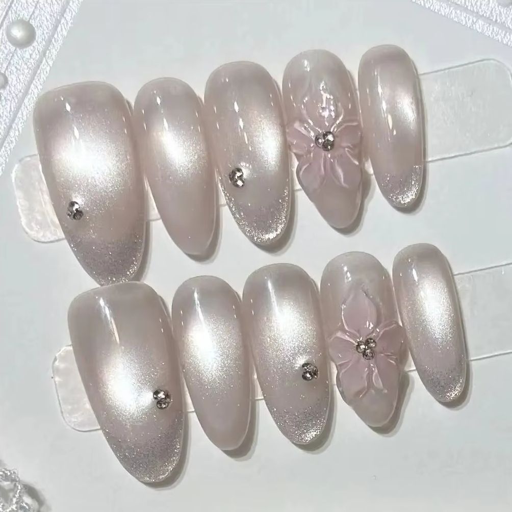 10Pcs Pink Sweet French Almond - Nail Art Cat Eye Simple 评论和价格