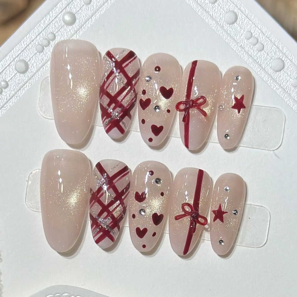 10Pcs Pink Sweet French Almond - Nail Art Cat Eye Simple 评论和价格