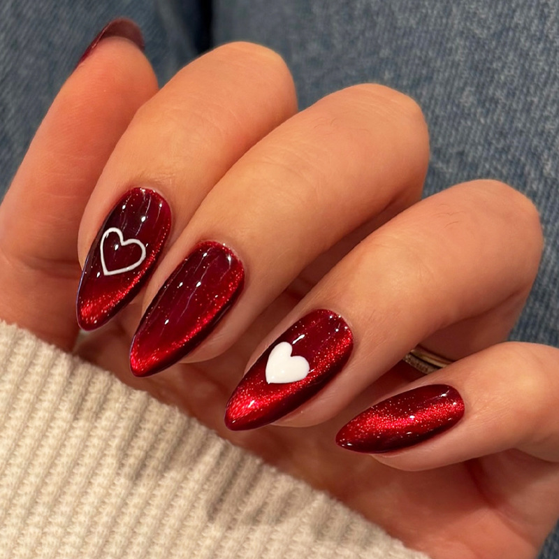 24PCS Simple Red Cat Eye Almon - Nail Art Cat Eye Simple 评论和价格