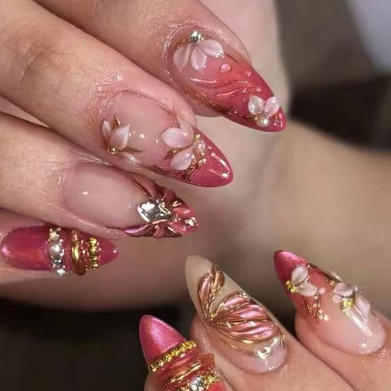 24Pcs Almond Press on Fake Nai - Nail Art Red Wine Cat Eye 评论和价格